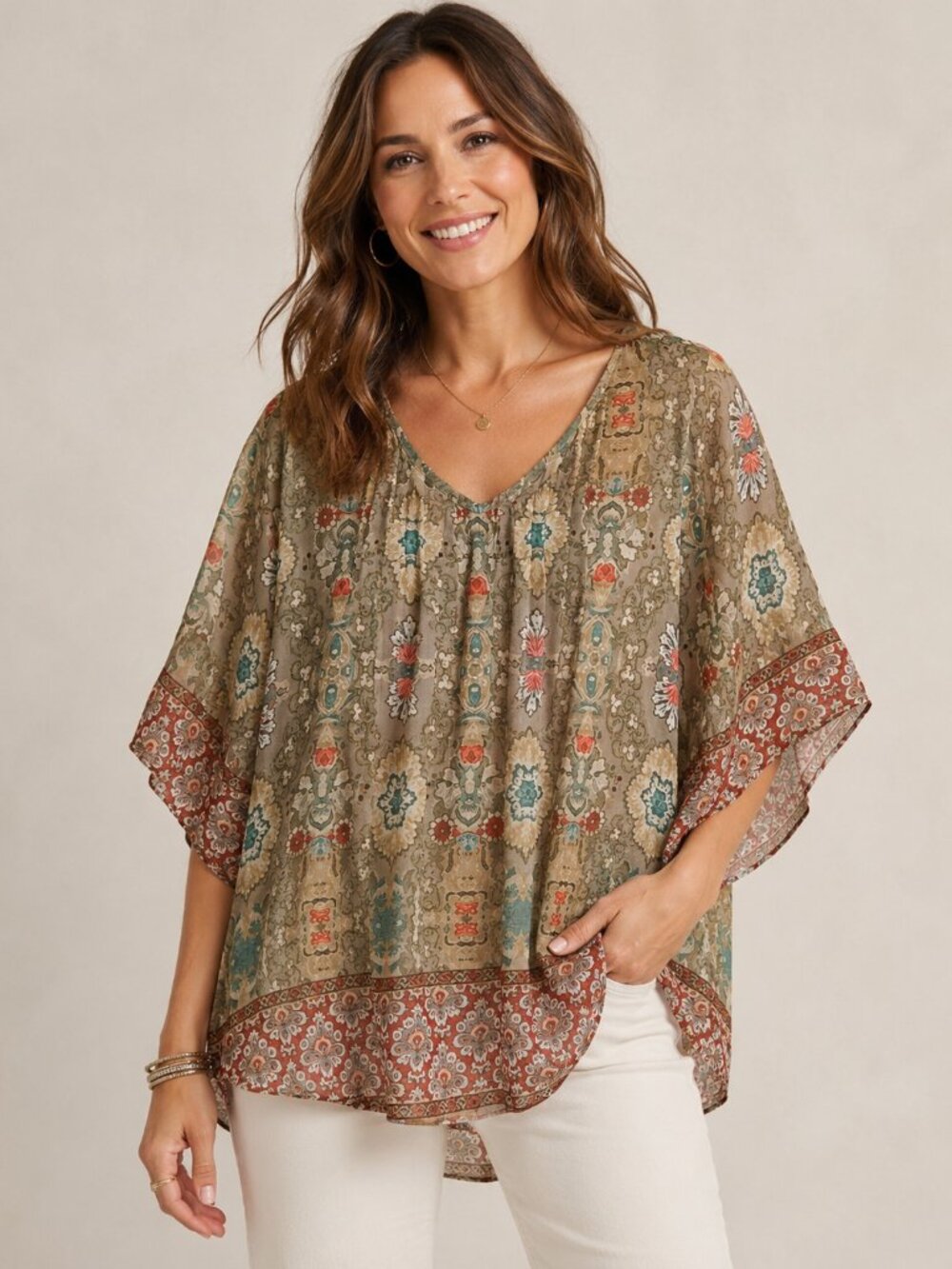 Unity World Wear XL Boho Floral Bell Sleeve High Low Blouse Top
